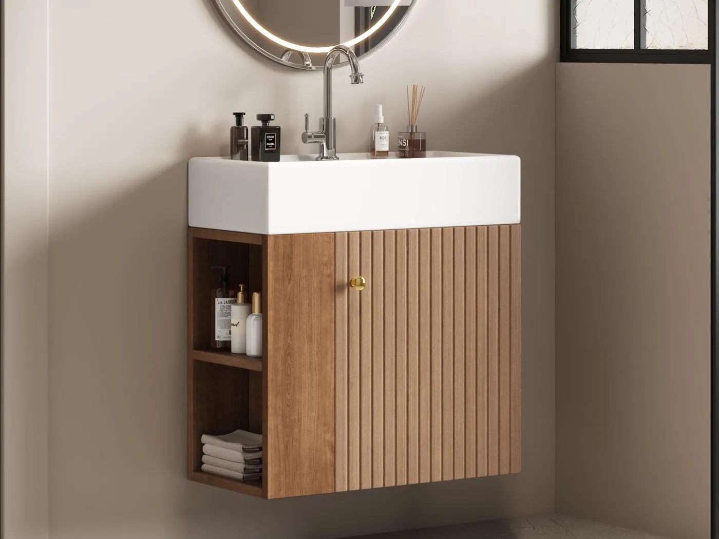 Hängender Badezimmerschrank mit quadratischem Waschbecken - 4 Fächer - Braun (Armatur nicht im Lieferumfang)