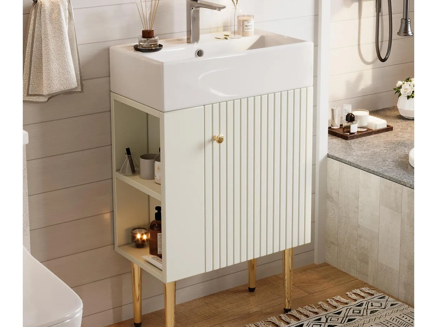 Badezimmerschrank mit Keramikwaschbecken - mit 1 Tür und 2 offenen Regalbrettern - 4 Metallfüße - Weiß (Armatur nicht im Lieferumfang)