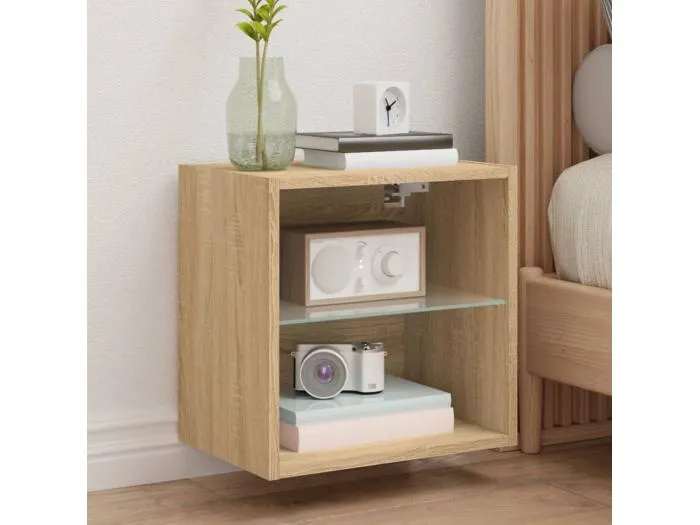 Wand-Nachttisch Nachtschrank mit LED-Leuchten Sonoma-Eiche -RN68365