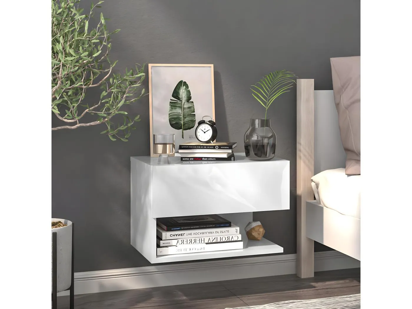 Wand-Nachttisch Nachtschrank Hochglanz-Weiß -RN87714