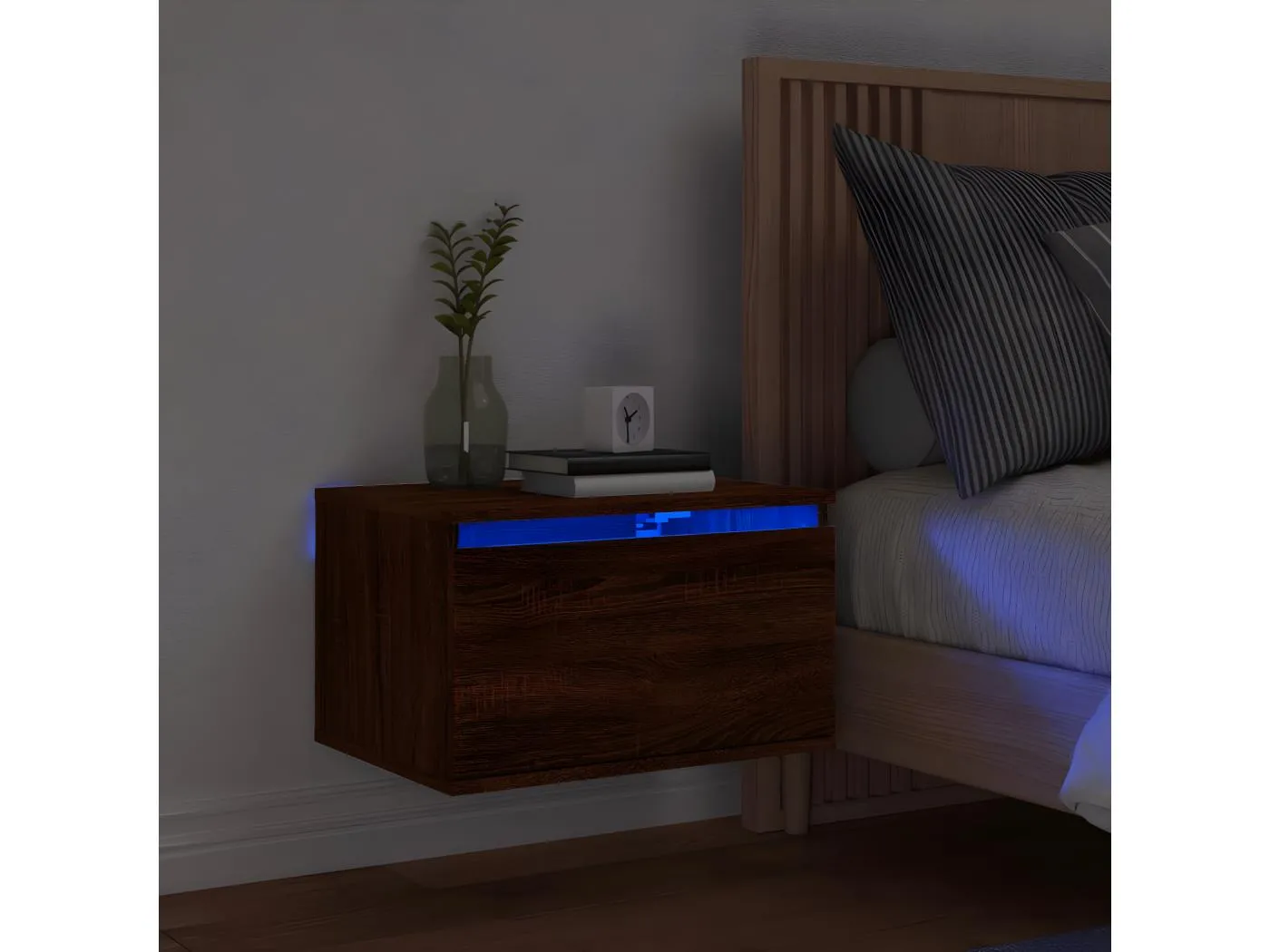 Wand-Nachttisch Nachtschrank mit LED-Leuchten Braun Eichen-Optik -RN46853