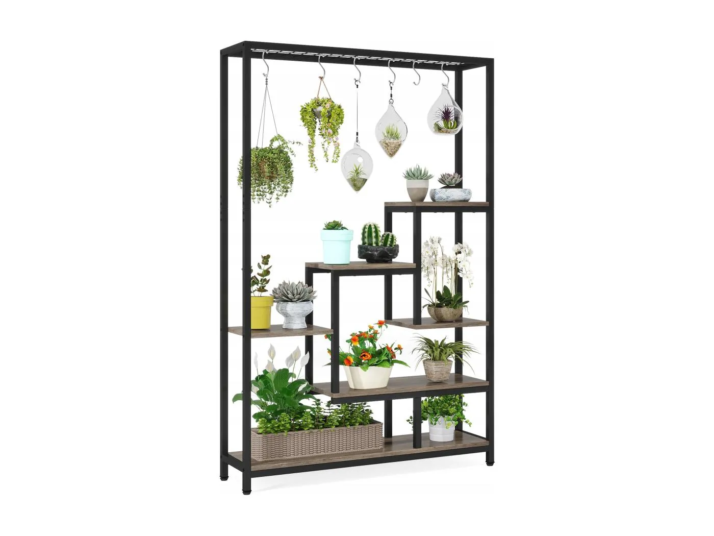 5-Ebenen-Innenpflanzenständer - 180 cm hoher Metallregal mit 10 S-förmigen Hängern - Schwarz und Grau