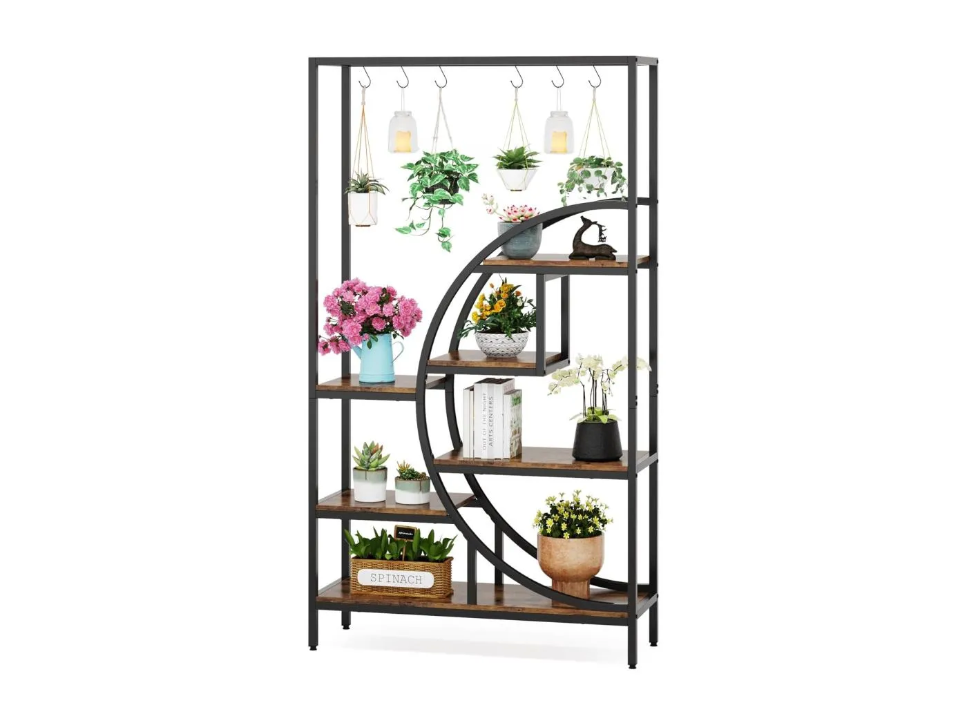 7-Ebenen-Innenpflanzenträger, Halbmondförmige Pflanzenetagere mit 180 cm Länge und 6 S-förmigen Hängern, 1 Stück