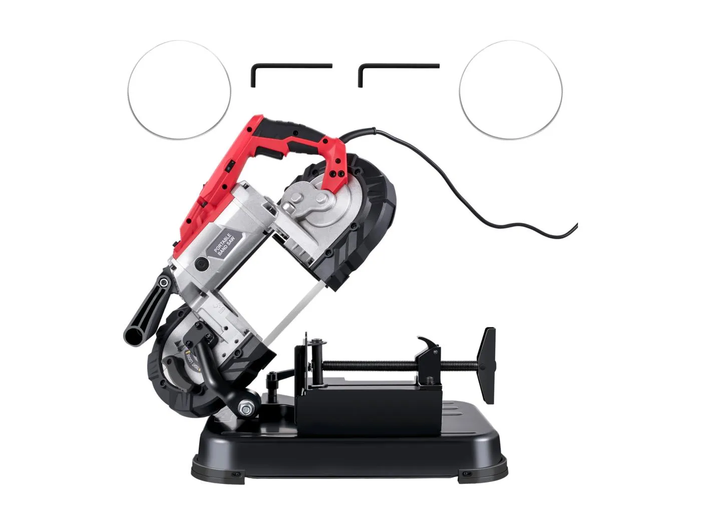 12,7 cm Tiefe Schnitt-Bandsäge SucceBuy, Tragbar, 1100 W, Elektrische Akku-Bandsäge, 42–144 M/Min, 45°-90°-Schnitt, mit LED-Licht