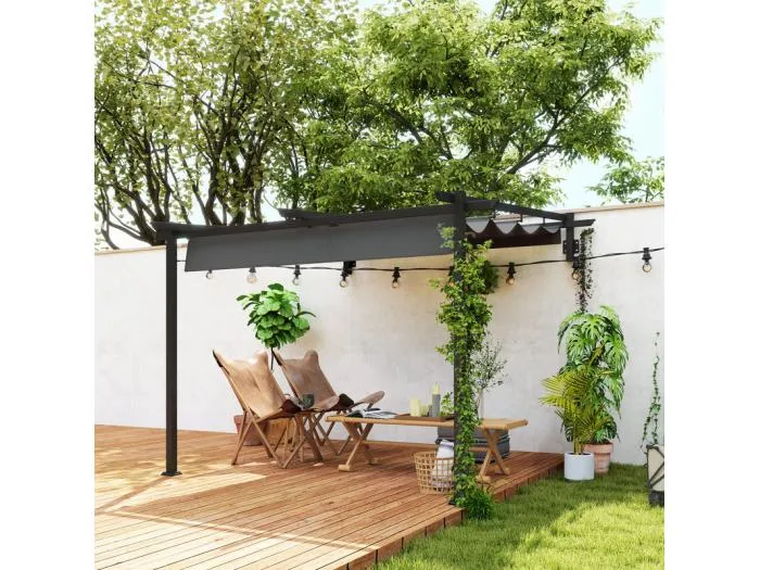 Wand-Pergola 297 x 297 x 200/230H cm, mit schiebbarer Plane, Aluminiumstruktur, Grau
