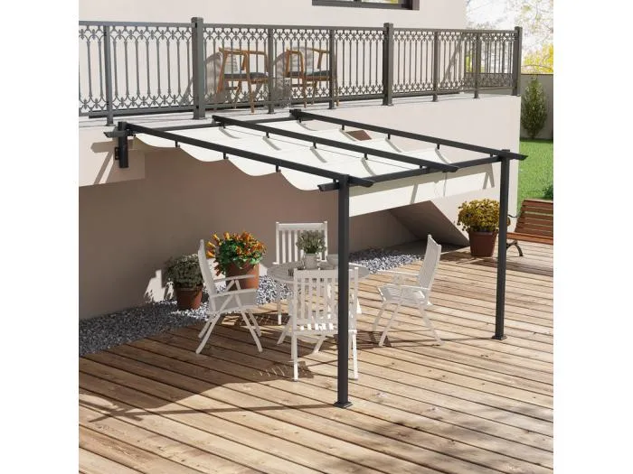 Wand-Pergola aus Aluminium - 297L x 297B x 200/230H cm - mit ausziehbarem Dach - Aluminiumstruktur - Creme