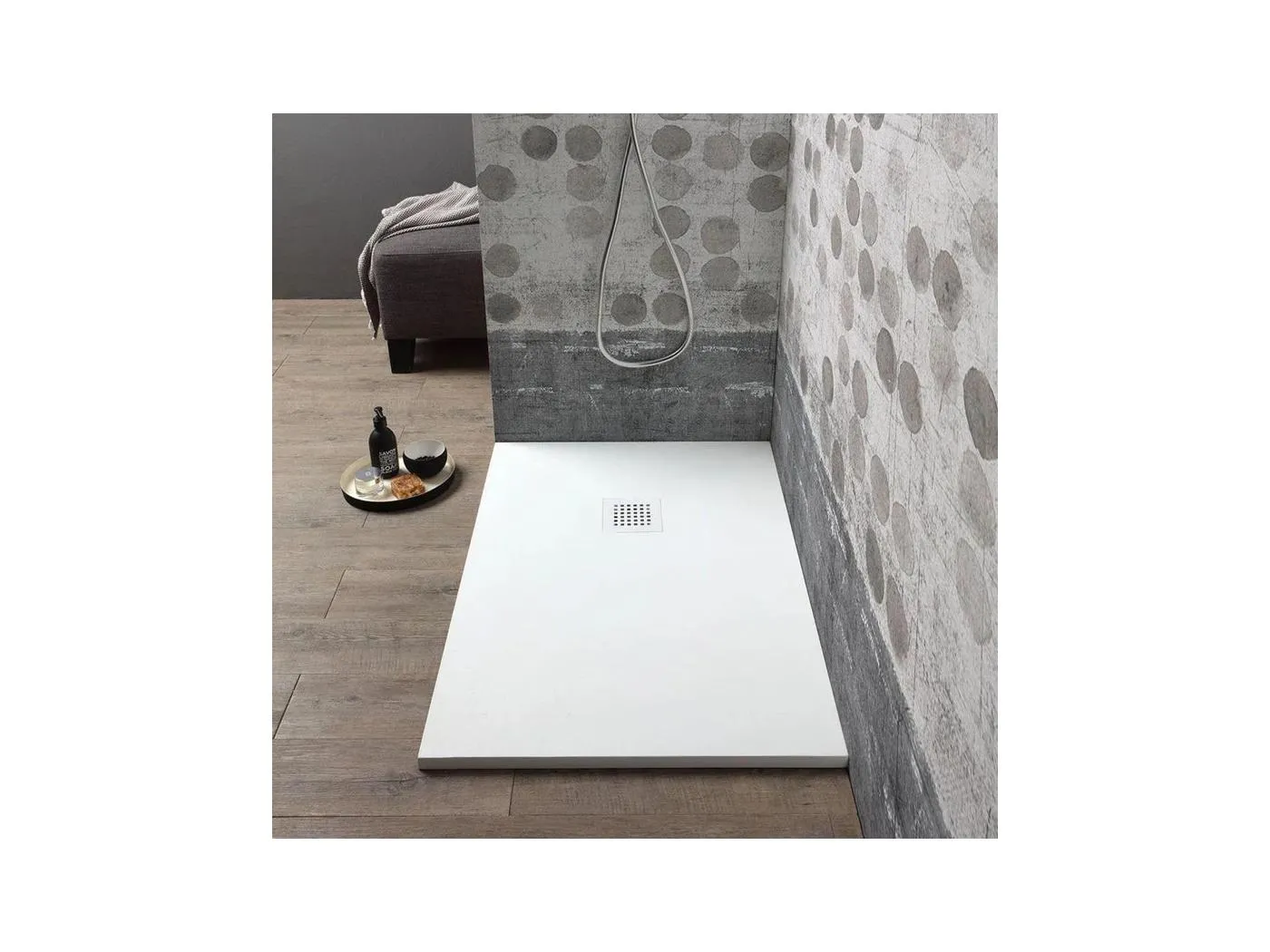 "Milano" schmale rechteckige Duschwanne aus Kunstharz in Steinoptik, weiß, rutschfest, 70x90h cm