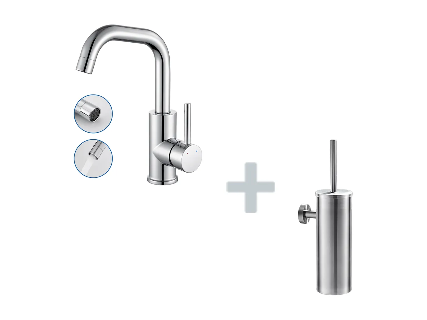 Spültisch-Mischbatterie, 360° schwenkbarer Spültischhahn, mit abnehmbarem Luftsprudler, Chrom + Edelstahl-Toilettenbürstenhalter, Wandmontage, Toilettenbürste