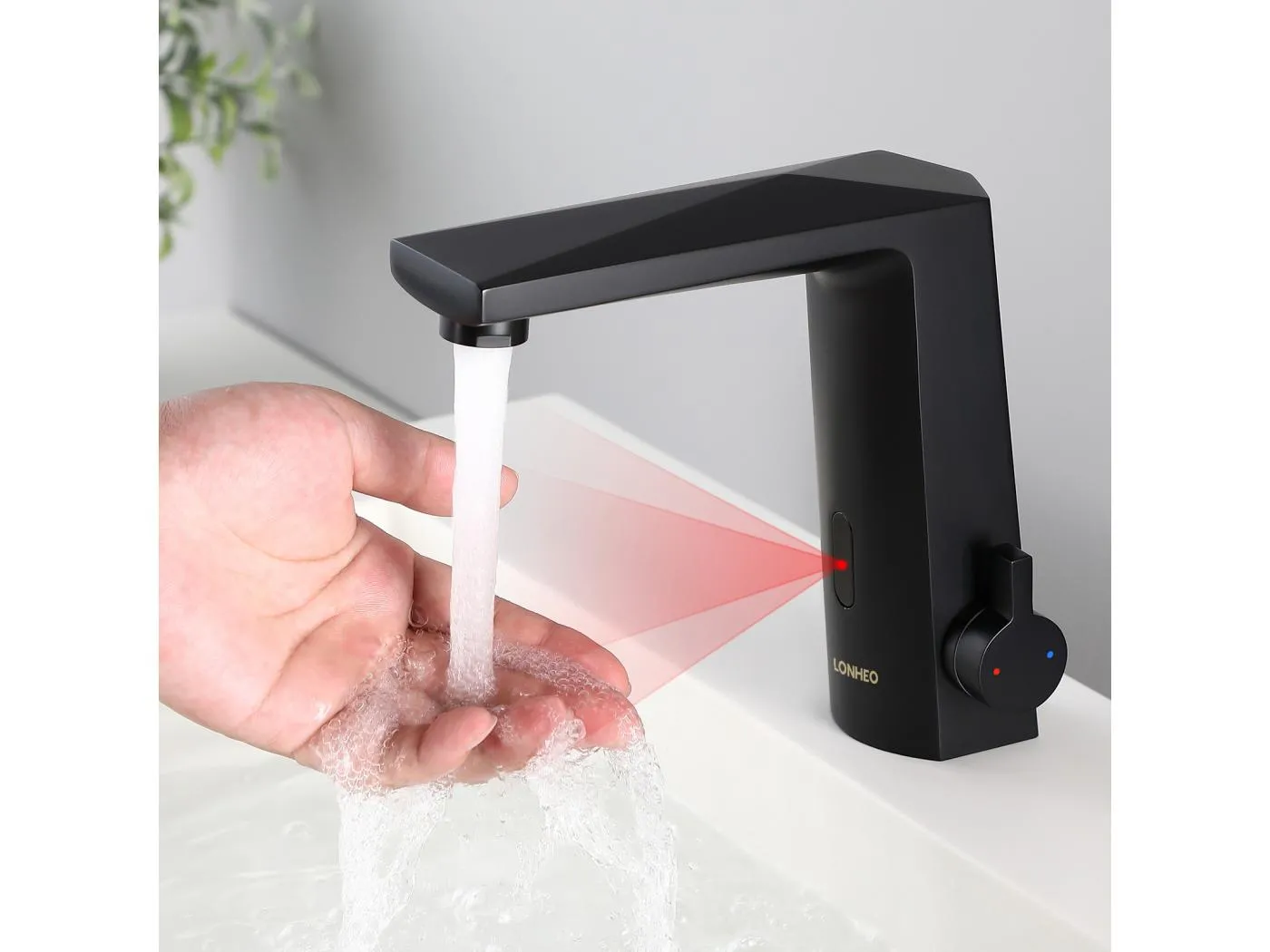 Lonheo Max Automatischer intelligenter Waschtisch-Mischhahn mit Infrarot-Sensor, elektronischer Infrarot-Mischhahn für heißes/kaltes Wasser aus schwarzem Messing, EU-Modell