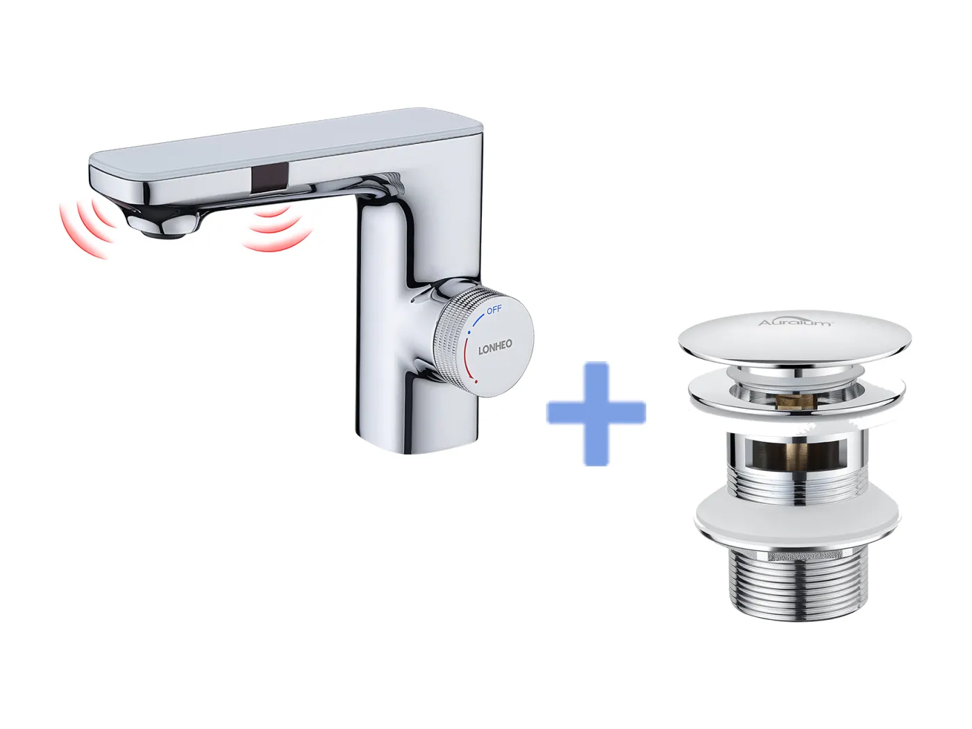 Automatischer Infrarot-Wasserhahn, abnehmbarer Sprudeler, doppelte Induktion, Chrom + Spülbecken-Ablaufgarnitur mit Pop-up-Ablauf und universellem automatischen Überlauf