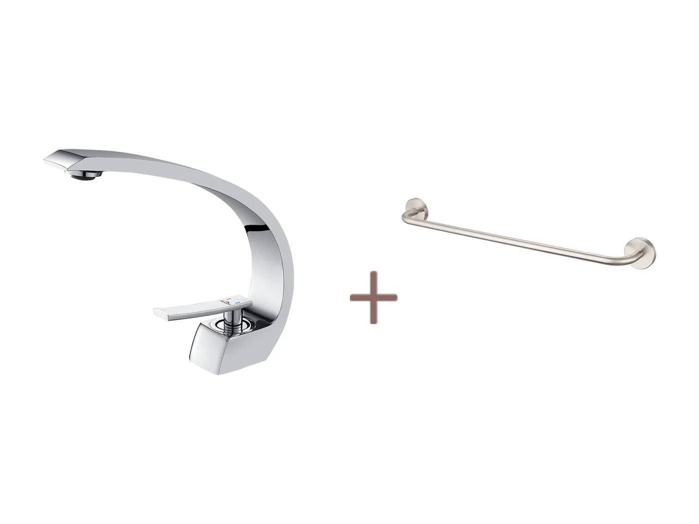 Auralum max Arc Einloch-Waschtischarmatur aus Messing mit abnehmbarem Luftsprudler + 60 cm Handtuchhalter fürs Badezimmer, selbstklebend oder zum Bohren, aus Edelstahl 304