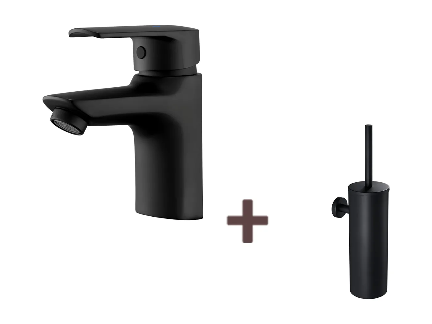 Einloch-Waschtischarmatur mit Ablaufgarnitur, Badarmatur + wandmontierte Toilettenbürste mit Bürstenhalter, Edelstahl, Schwarz