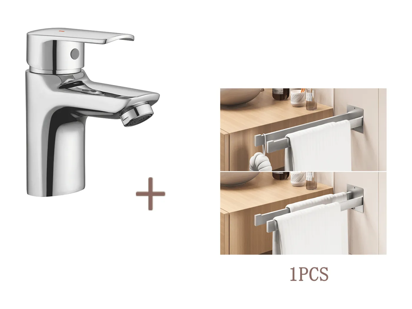 Auralum max Einloch-Waschtischarmatur, Chrom, mit Ablaufloch zum Aufklappen, Kalt-/Warmwasser + Handtuchhalter zum Kleben/Bohren, Gebürstet