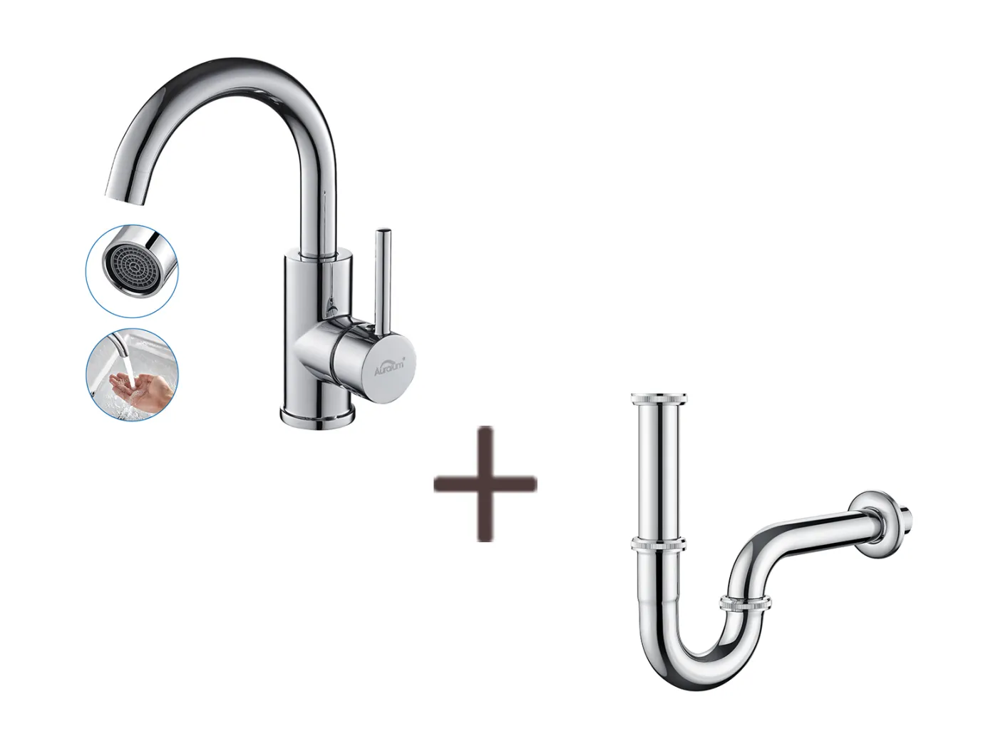 Weißer Spültischhahn, 360° drehbar, abnehmbarer Sprudel, Kalt-/Warmwasser + U-förmiger Spülbecken-Siphon, Edelstahl-Siphon mit Geruchsschutz, Ø32 mm, Chrom