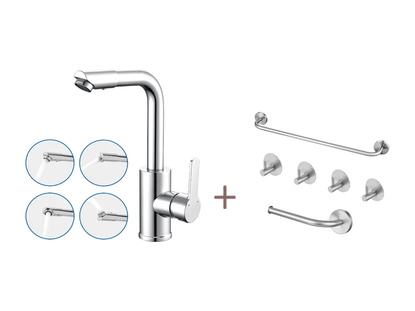 Waschbeckenarmatur mit schwenkbarem Auslauf, 360° drehbare Badarmatur, Chrom + 6-teiliges Badzubehör-Set, selbstklebend/bohrbar, Edelstahl, gebürstet