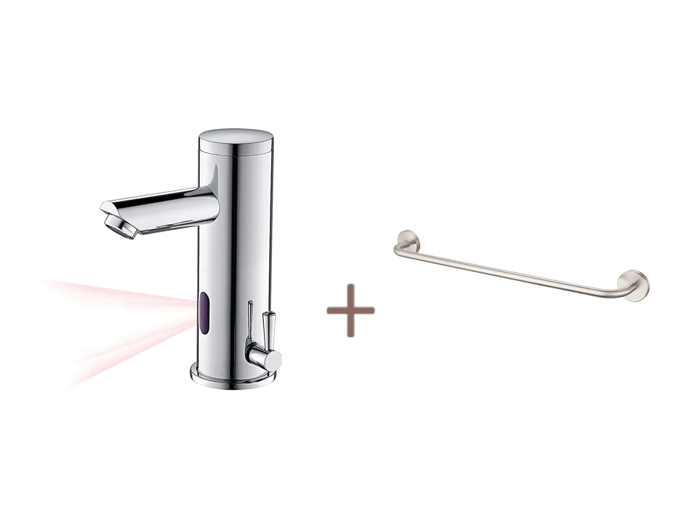 Auralum max Elektronische Infrarot-Waschtischarmatur Kalt-/Warmwasser Messing Chrom+60cm Handtuchhalter Bad Selbstklebend oder Bohren