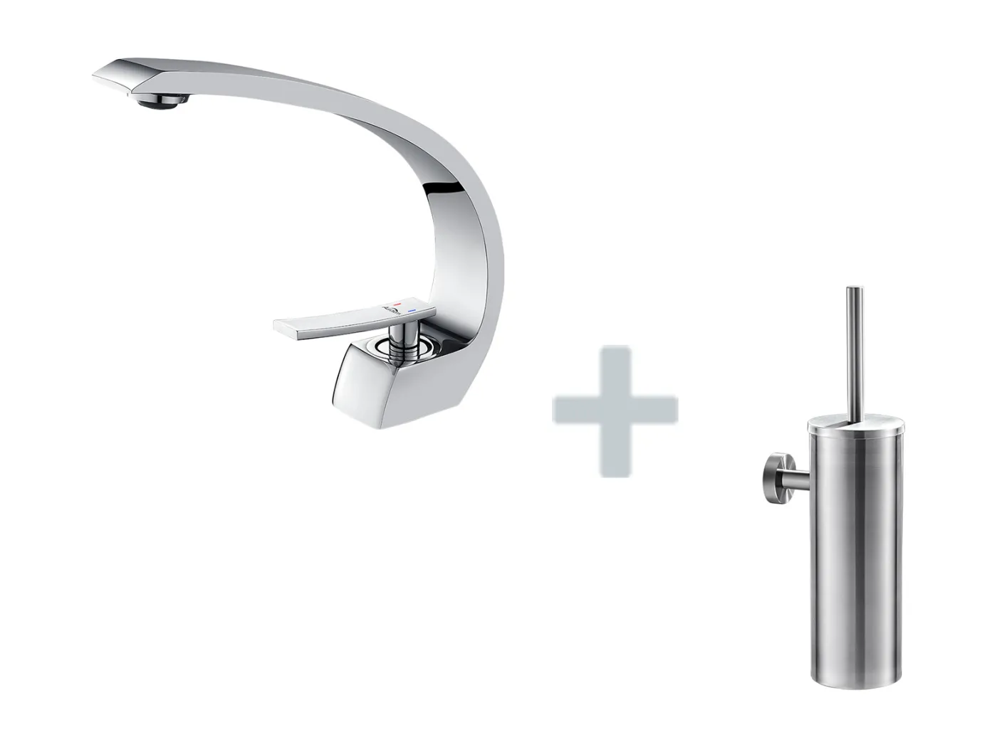 Arc Einloch-Waschtischarmatur aus Messing mit abnehmbarem Luftsprudler + Toilettenbürstenhalter aus Edelstahl zur Wandmontage, Toilettenbürste