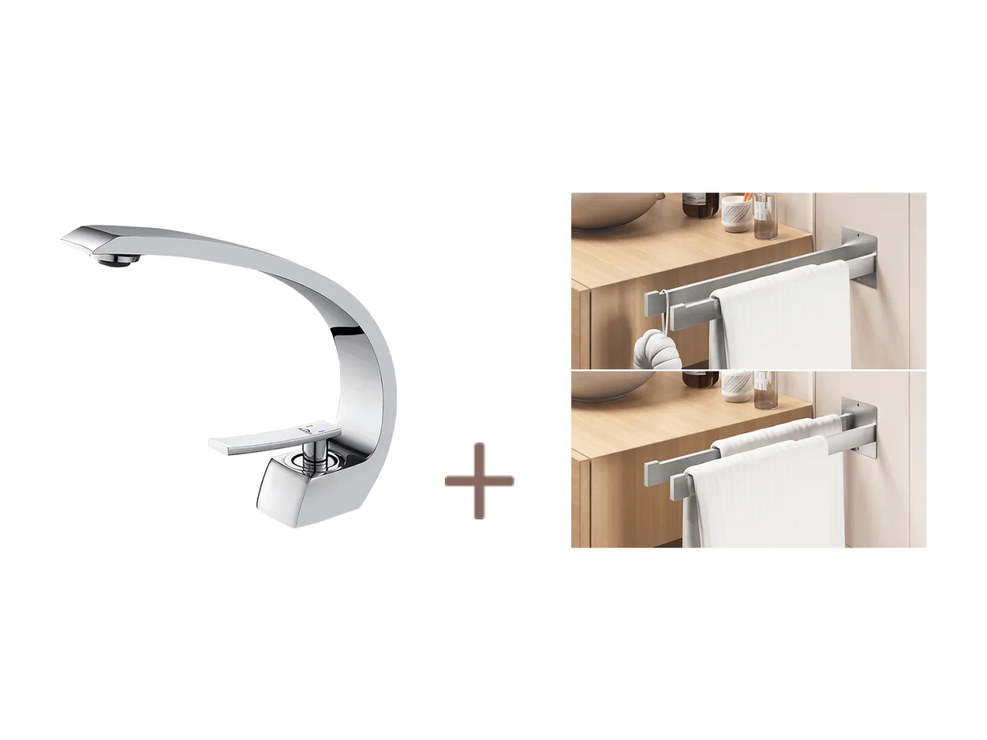 Arc Einloch-Waschtischarmatur aus Messing mit abnehmbarem Luftsprudler + Handtuchhalter zum Kleben/Bohren für das Badezimmer, Handtuchstangen zur Wandmontage, gebürstet