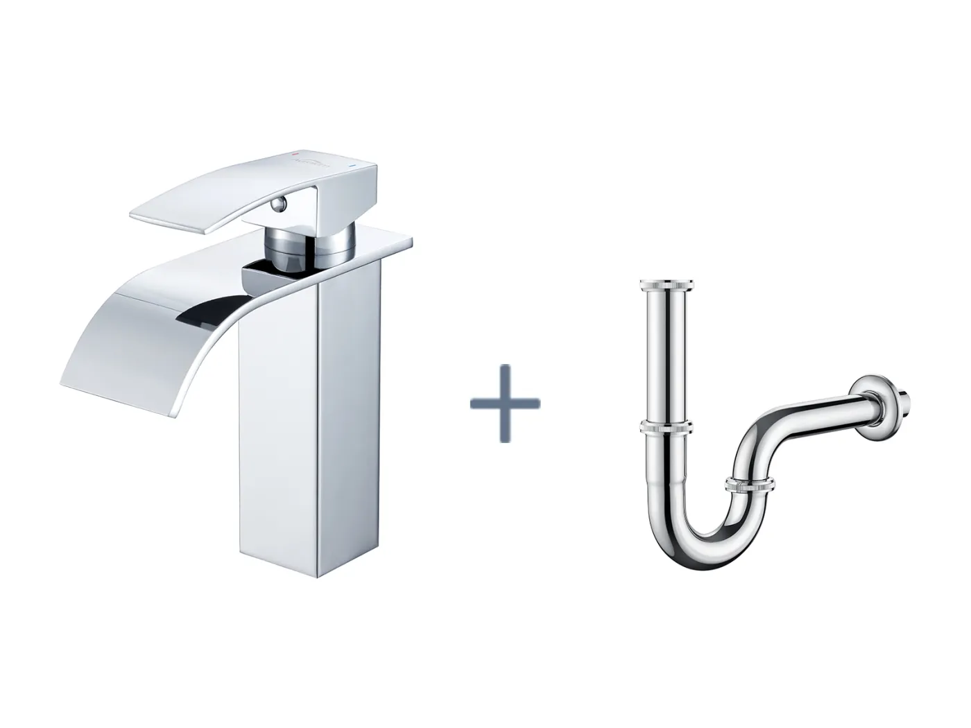 Auralum Max Chrom-Wasserfall-Waschtischarmatur, Kalt-/Warmwasser, Edelstahl 304 + U-förmiger Siphon aus Edelstahl, Geruchsneutralisierer, Ø 32 mm, Chrom
