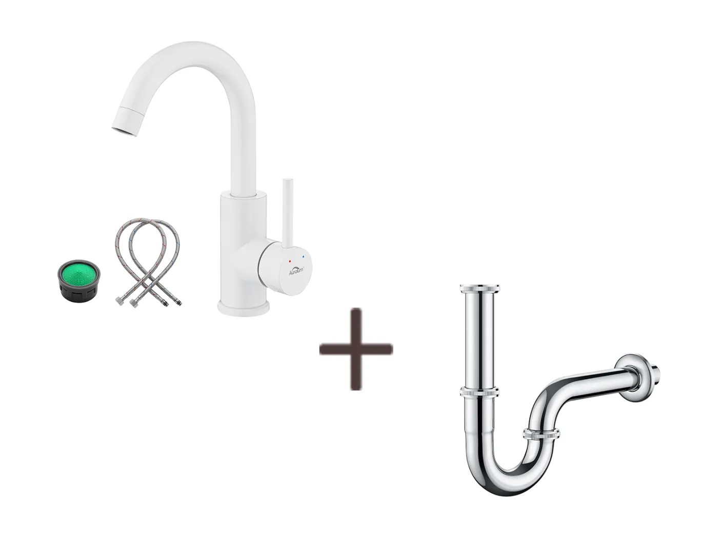 Weißer Spültischhahn, 360° drehbar, abnehmbarer Sprudel, Kalt-/Warmwasser + U-förmiger Spültischsiphon, geruchshemmender Siphonschlauch, Ø32 mm, Chrom