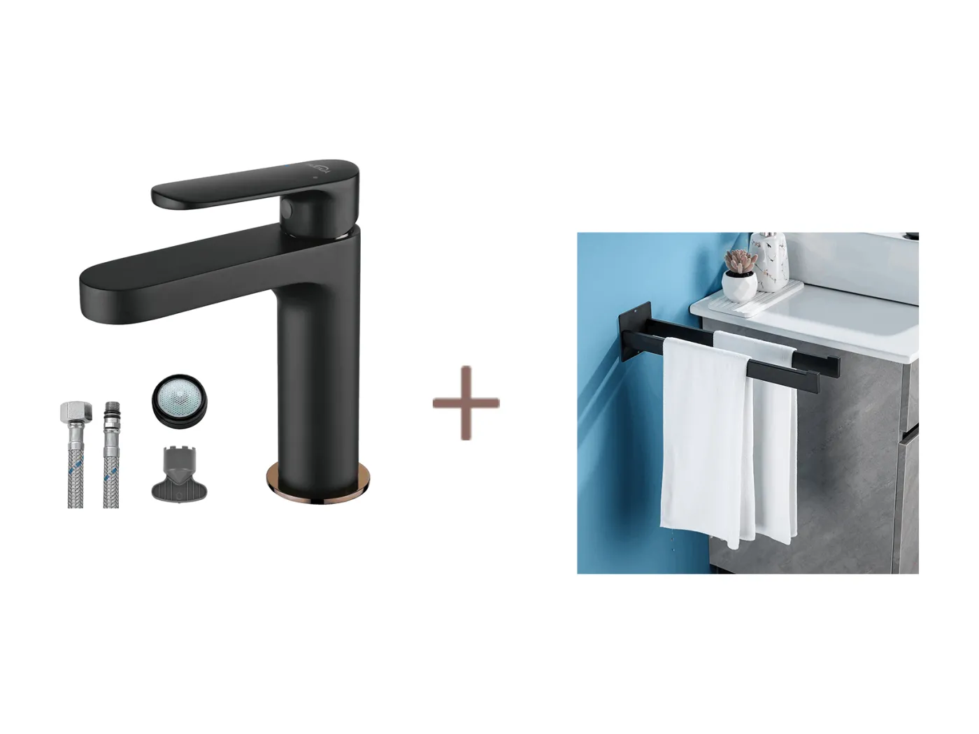 Auralum max Badarmatur, schwarz, mit abnehmbarem Luftsprudler + Klebe-/Bohren-Badhandtuchhalter, Handtuchstangen, Edelstahl, schwarz, 40 cm