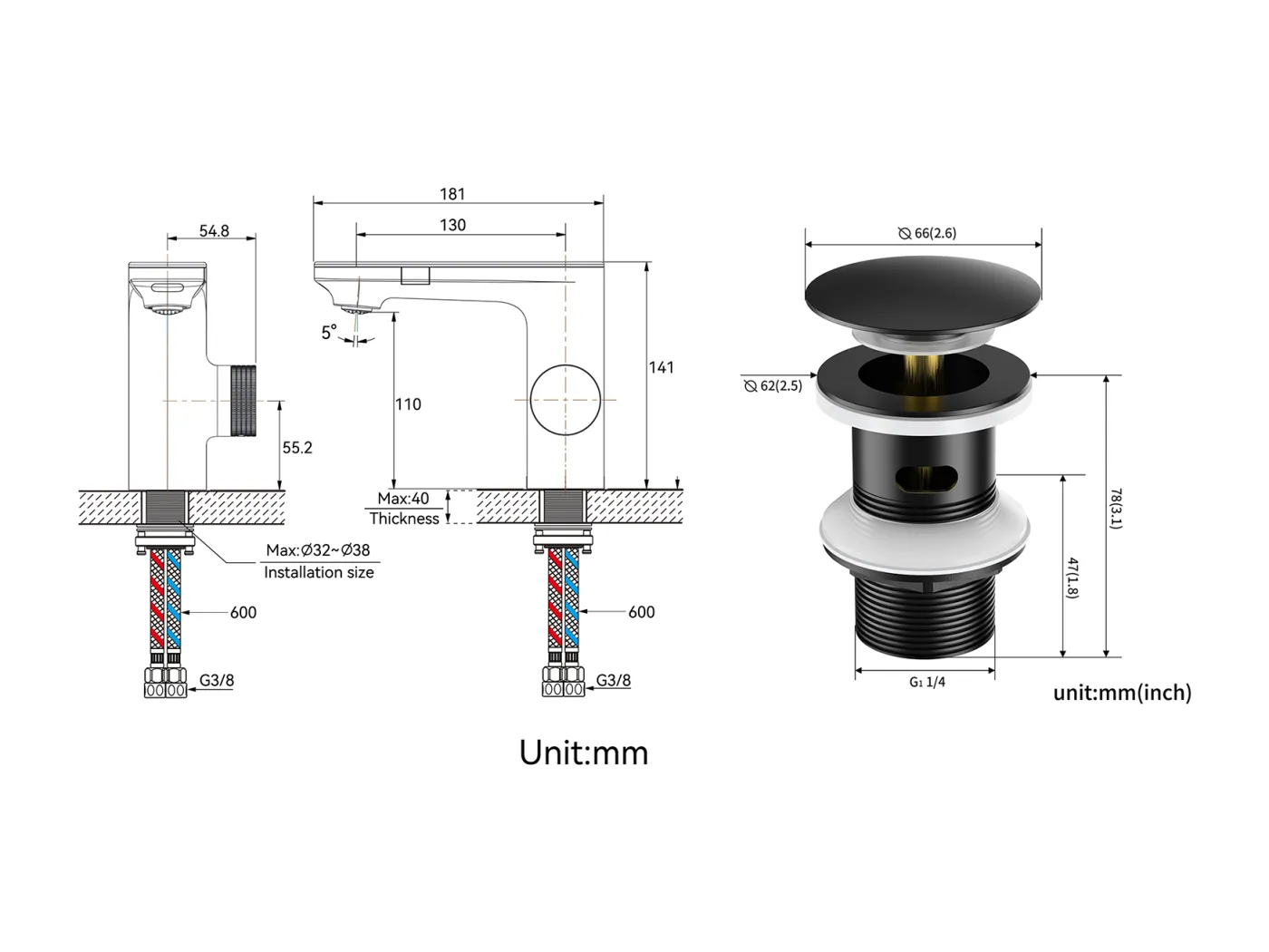 Automatischer intelligenter Spültisch-Mischbatterie mit Infrarot-Sensor, schwarzes Messing, Wasser + Spülbeckenablauf, Pop-up-Ablauf mit Überlauf, automatisch, universell, schwarz