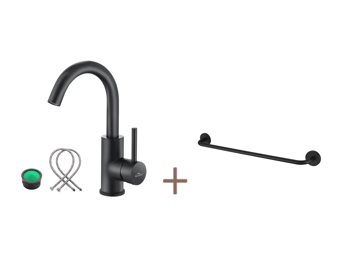 Spültischarmatur, Auralum max Schwarz Badarmatur 360° Drehbar, Abnehmbarer Luftsprudler + Badhandtuchhalter, Selbstklebend/Bohren, 60CM, EDELSTAHL