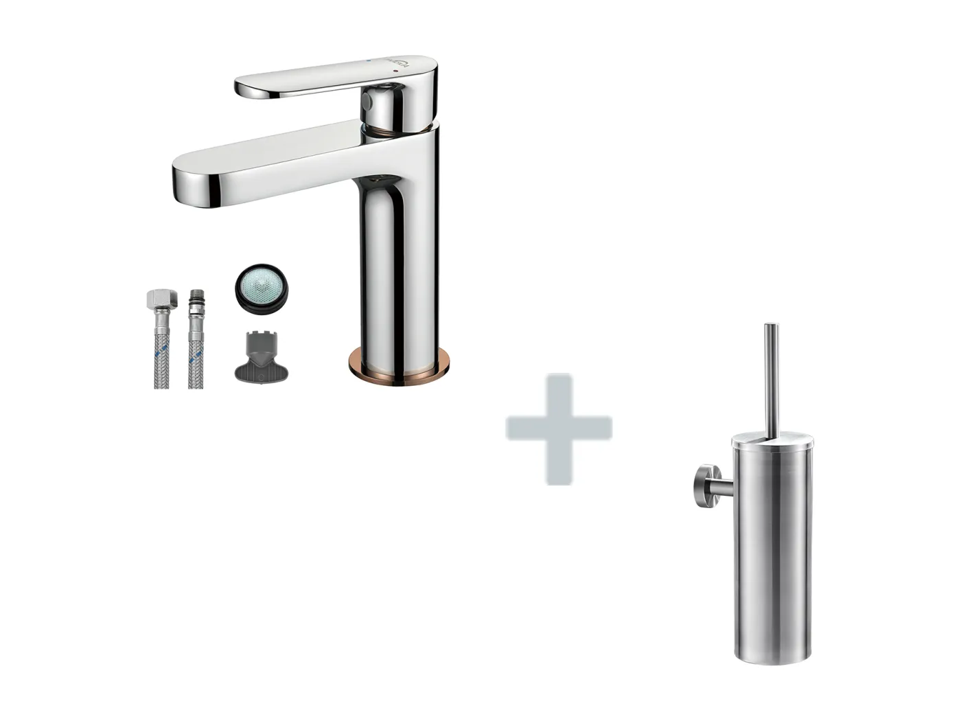 Moderner Badezimmer-Wasserhahn, Mischbatterie für Waschbecken, Roségold-Finish, Chrom + Toilettenbürstenhalter aus Edelstahl, an der Wand montierte Toilettenbürste