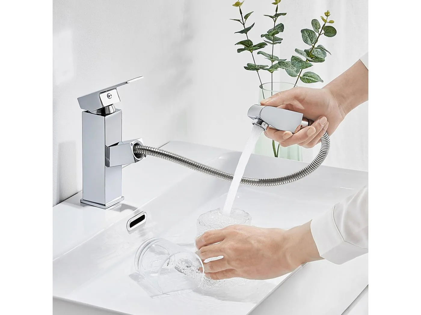 Waschtischarmatur mit ausziehbarer Brause Badarmatur Chrom Messing Waschtischmischbatterie Kalt-/Warmwasser Badarmaturen,EU-Modell