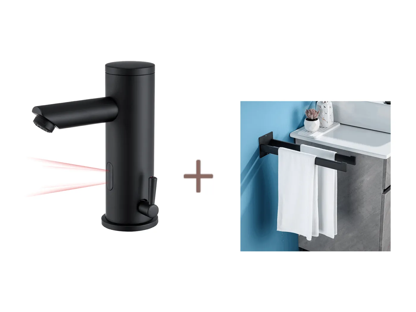 Auralum max schwarz vollautomatische Infrarot-Waschtischarmatur + Klebe-/Bohren-Handtuchhalter, Handtuchstangen, Edelstahl, 40 cm