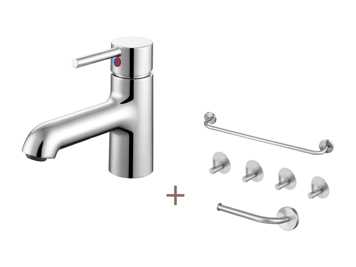 Waschbeckenarmatur mit flexiblem Anschluss, Kalt-/Warmwasser-Badarmatur + 6-teiliges Bad-Zubehör-Set, selbstklebend/bohrbar, Edelstahl