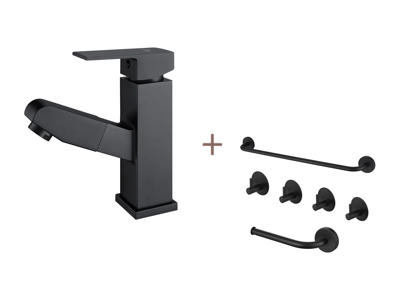 Waschtisch-Mischbatterie mit ausziehbarer Brause, schwarz, Höhe 187 mm + 6-teiliges Bad-Zubehör-Set, selbstklebend/bohrbar, Edelstahl, schwarz