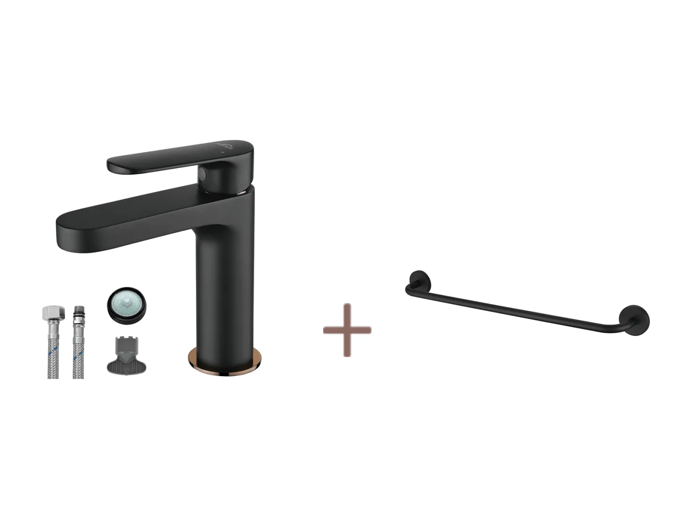 Auralum max Badarmatur, Schwarz, mit abnehmbarem Luftsprudler + Handtuchhalter, Selbstklebend/Bohren, 60CM, aus 304 Edelstahl