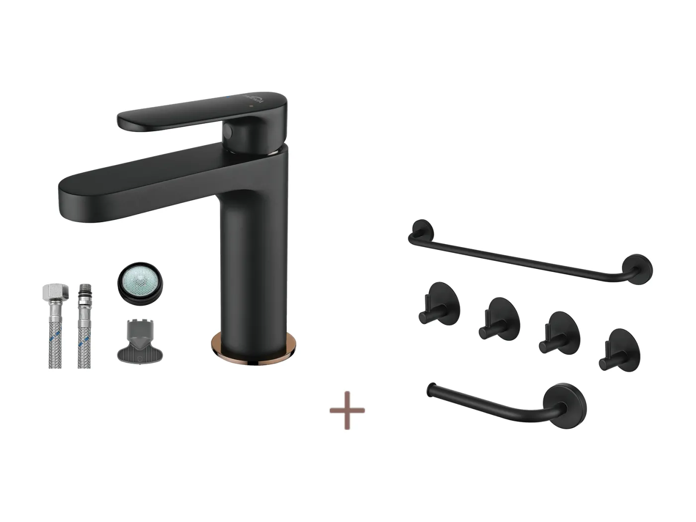 Auralum max Badarmatur Schwarz mit abnehmbarem Luftsprudler + 6-teiliges Bad-Accessoire-Set Selbstklebend/Bohrer Edelstahl Schwarz