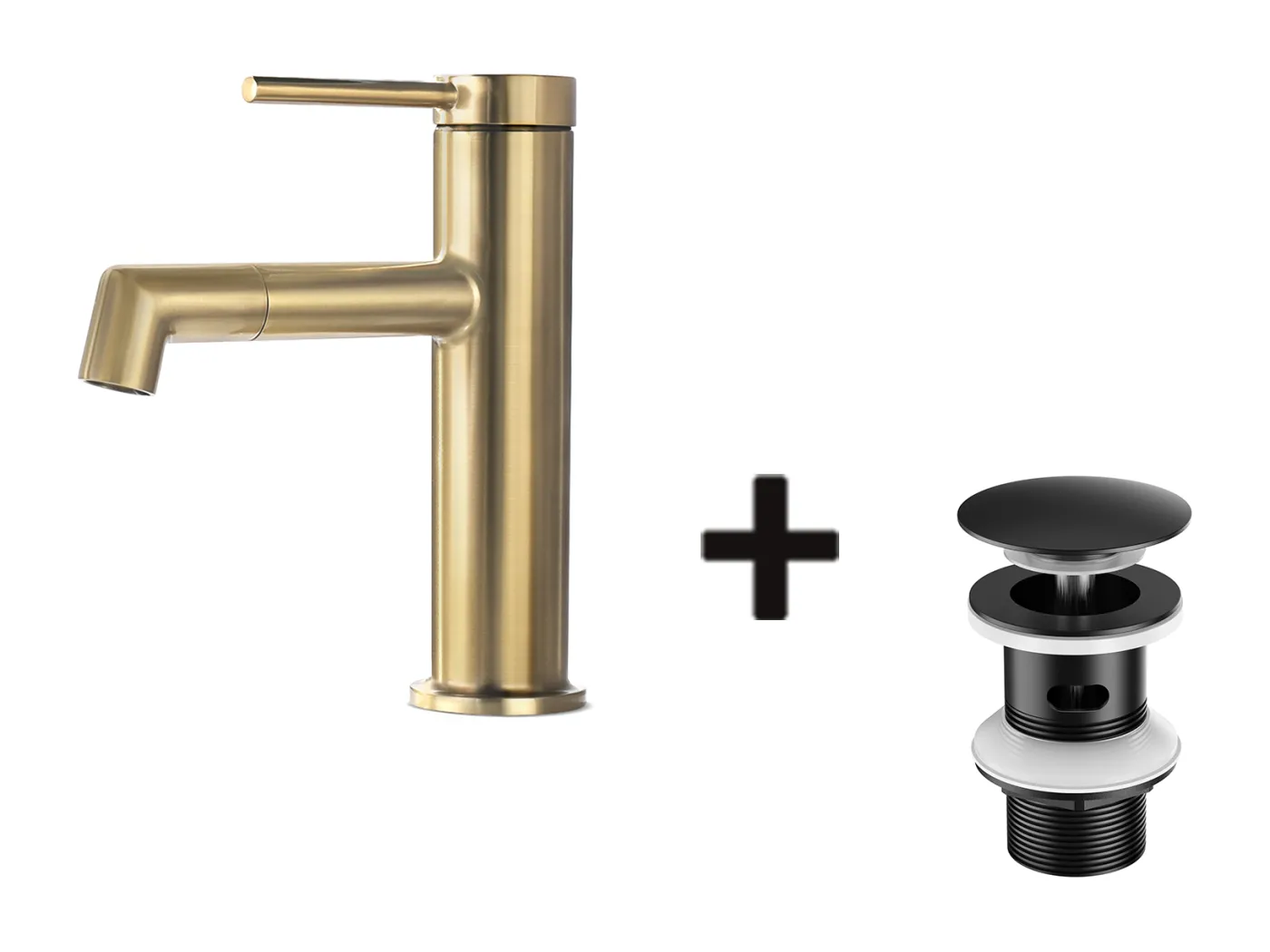 360° drehbarer goldener Waschtisch-Mischhahn, Warm-/Kaltwasser, abnehmbarer Sprudeler + Spülbeckenablauf, Pop-Up-Ablauf mit automatischem Überlauf, universell, schwarz