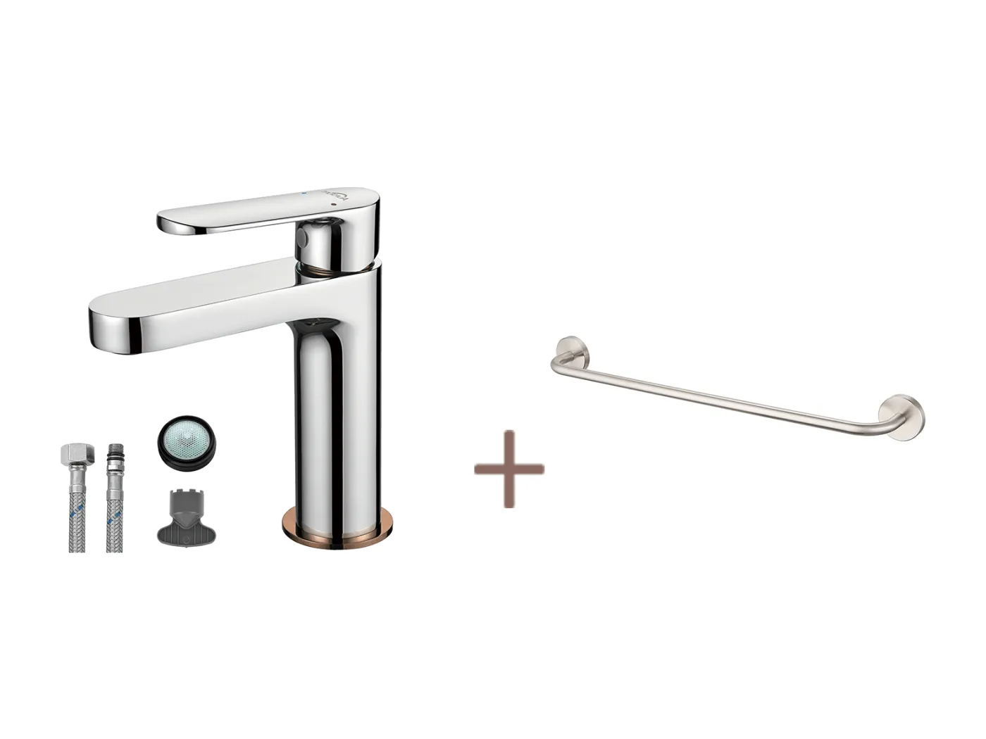 Moderner Badezimmerhahn, AURALUM MAX Waschtisch-Mischbatterie, Roségold-Finish, Chrom + 60 cm Badezimmer-Handtuchhalter zum Selbstkleben oder Bohren aus 304 Edelstahl