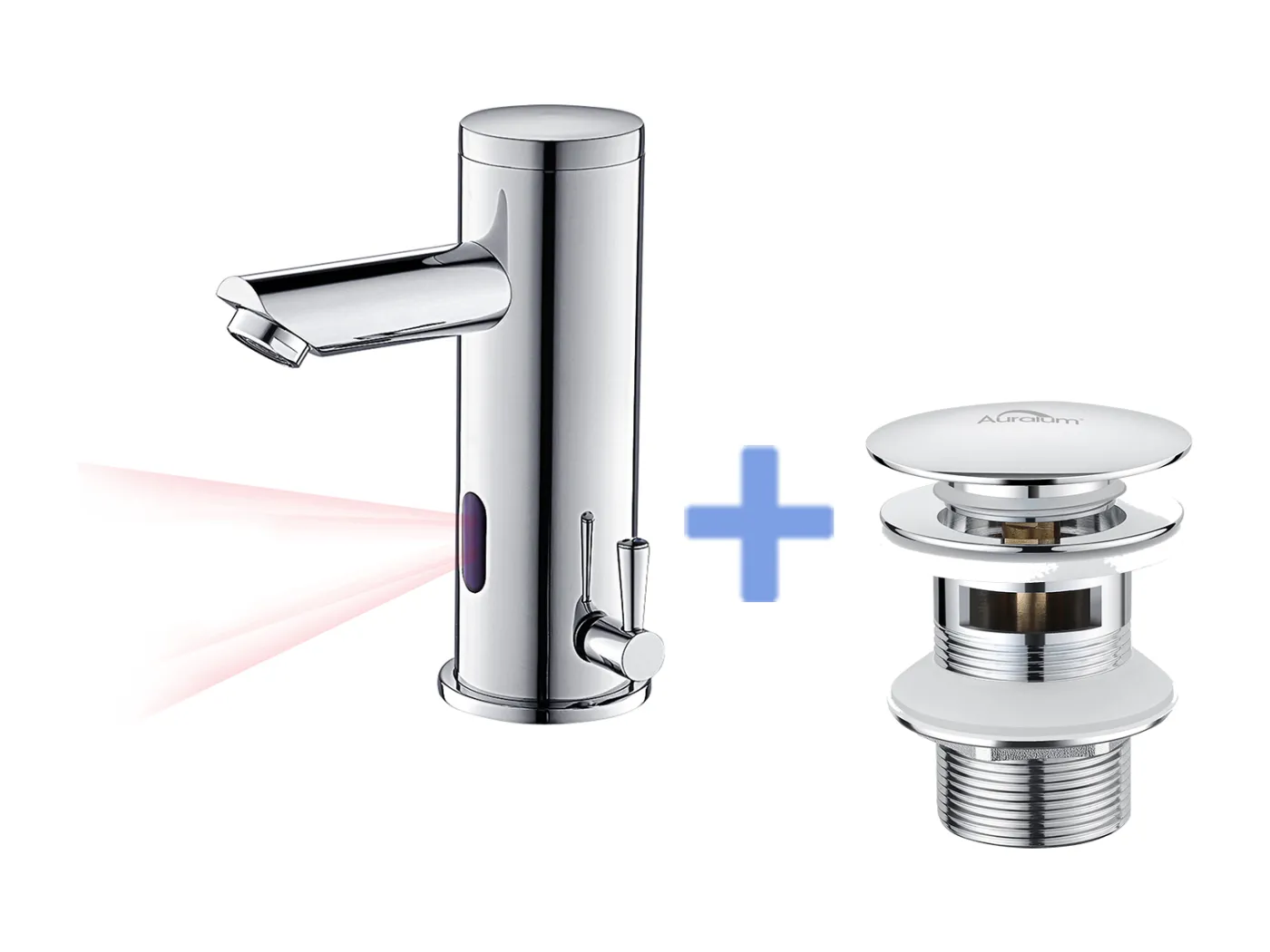 Elektronische Infrarot-Waschtischarmatur Kalt-/Warmwasser in Chrom Messing+Waschtisch-Ablaufgarnitur Pop-Up-Ablaufgarnitur mit Überlauf Automatik Universal