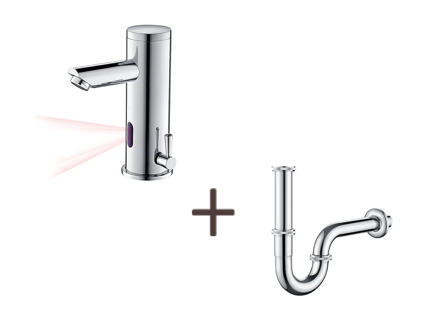 Elektronischer Infrarot-Waschtischmischer für Kalt-/Warmwasser aus Messing + U-förmiger Waschtischsiphon, geruchshemmendes Siphonrohr aus Edelstahl, Ø 32 mm, Chrom