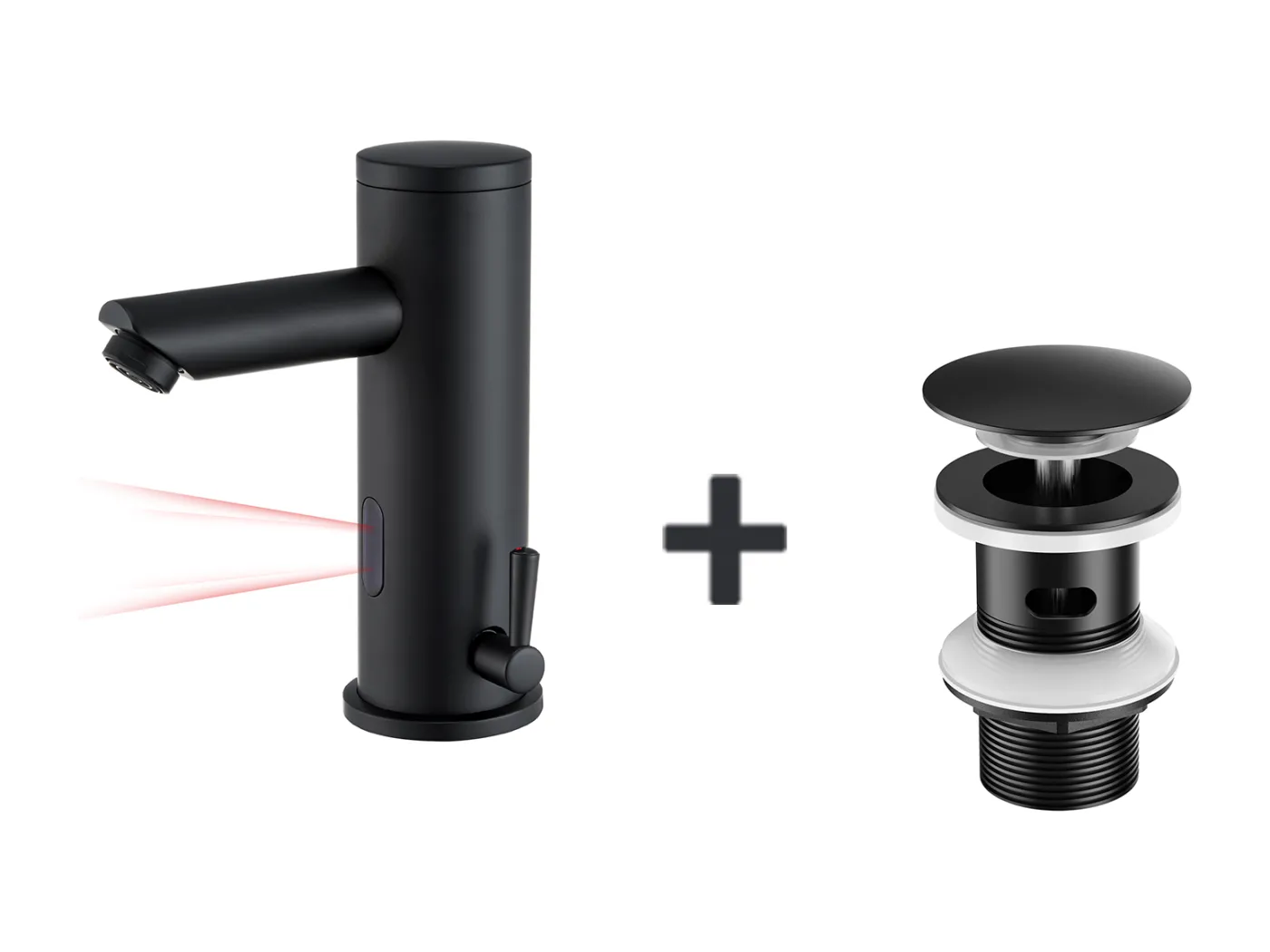 Schwarzer vollautomatischer Infrarot-Waschtischhahn + Waschbeckenablauf Pop-up-Ablauf mit Überlauf Automatisch Universal,Schwarz