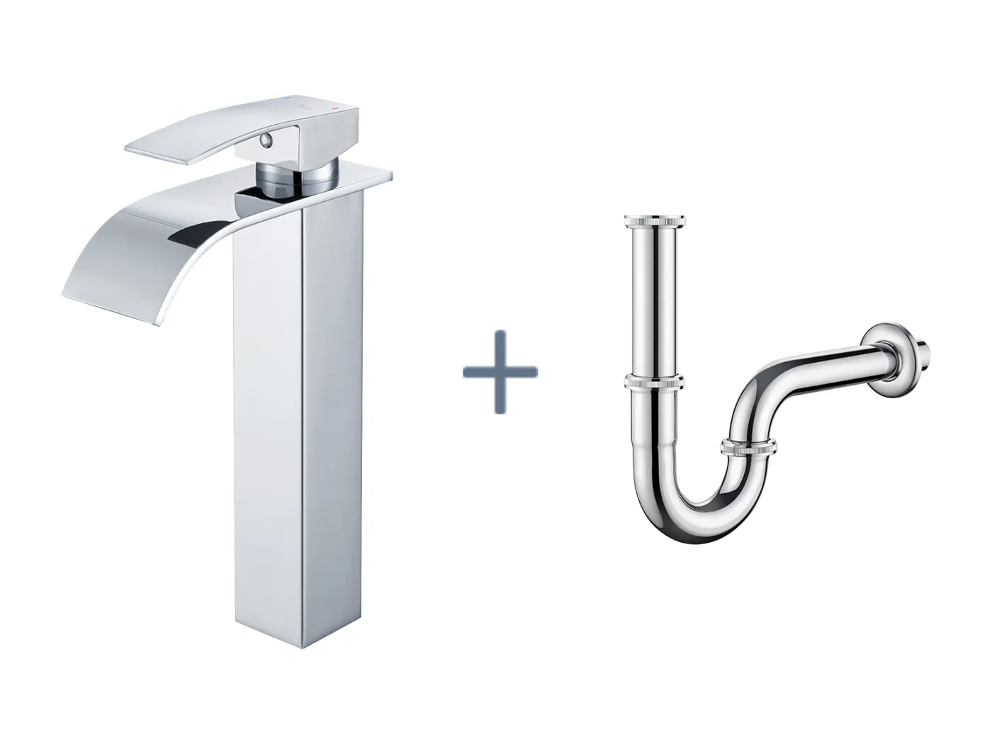 Wasserfall-Wasserhahn für Aufsatzwaschbecken, hoher Mischer für Waschbecken, aus Edelstahl, Chrom + U-förmiger Siphon für Waschbecken, Geruchsneutralisierender Siphon, Ø32 mm, Chrom