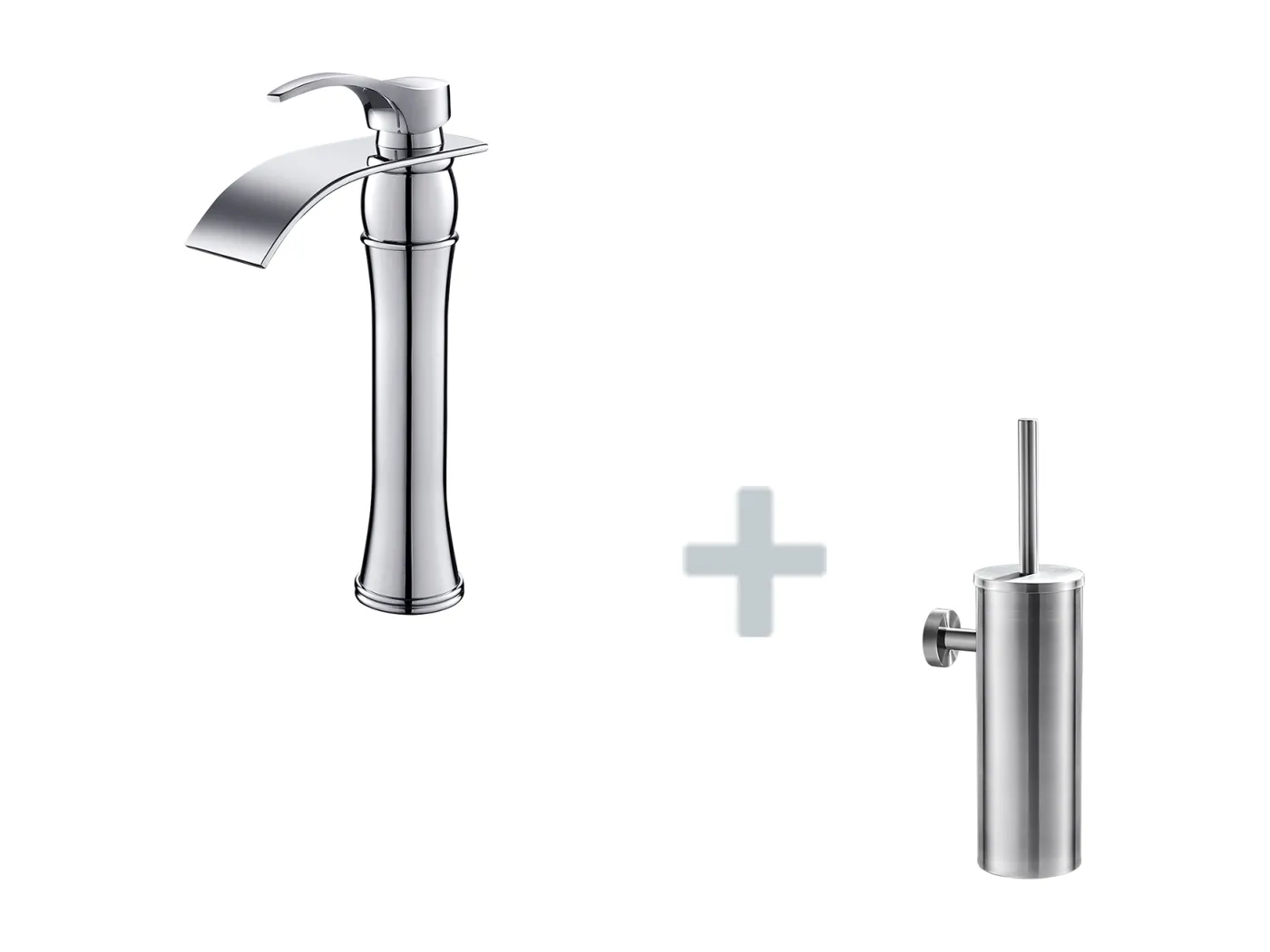 Moocommand Waschbeckenarmatur mit Wasserfall-Waschtischarmatur, hoher Auslauf, Chrom + Toilettenbürstenhalter aus Edelstahl, Wandmontage, Toilettenbürste