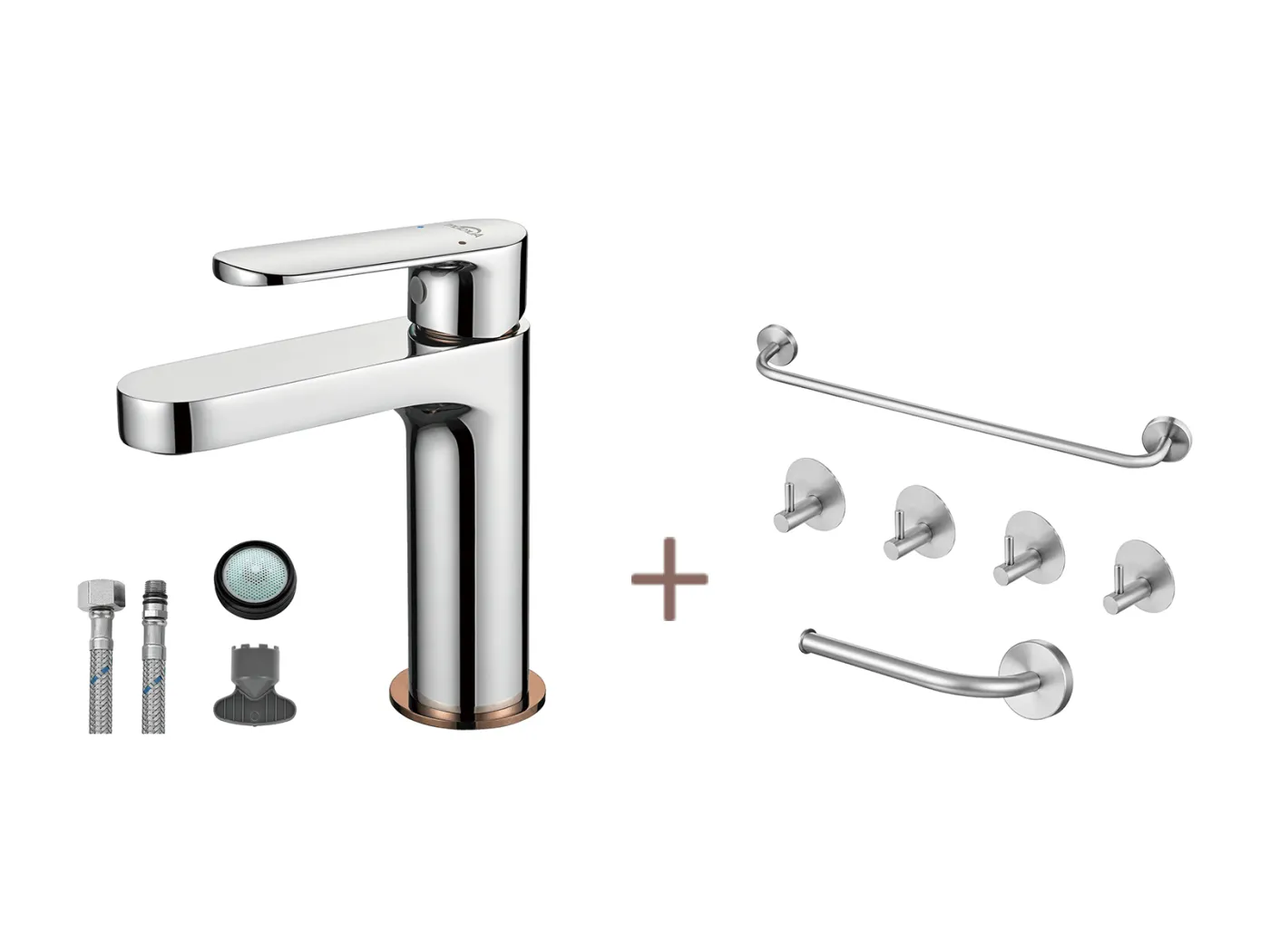 Moderner Badezimmerhahn,Waschtischmischer,Roségold-Finish,Chrom+6-teiliges Badezimmer-Zubehörset,Selbstklebend/Bohrer,Edelstahl,Gebürstet