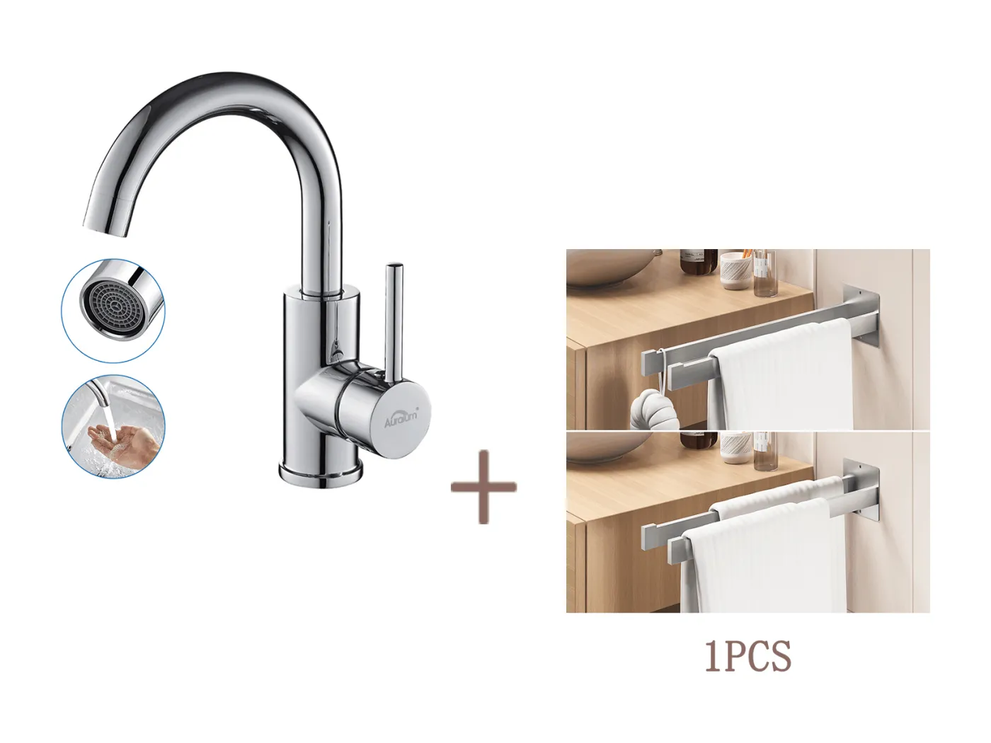 AURALUM MAX Badarmatur mit hohem Auslauf, Chrom, 360° drehbar, inkl. Handtuchhalter zum Kleben/Bohren, Handtuchstangen zur Wandmontage, gebürstet