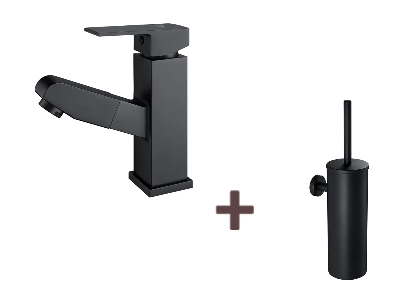 Waschtisch-Mischbatterie mit ausziehbarer Brause, schwarz, Höhe 187 mm + wandmontierte Toilettenbürste mit Bürstenhalter, Edelstahl, schwarz