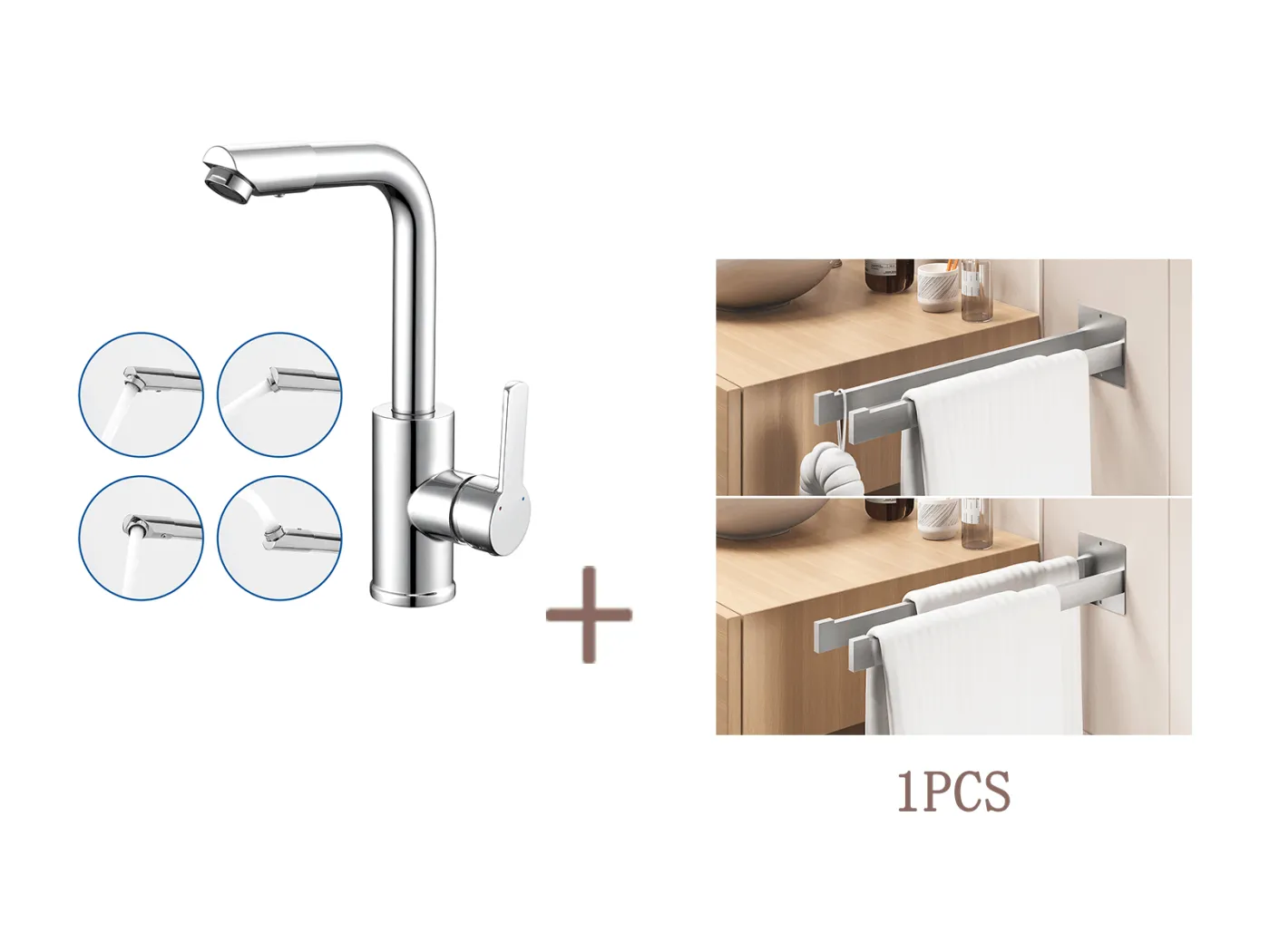 Auralum MAX Badezimmer-Waschtischarmatur mit 360° schwenkbarem Auslauf, Chrom + Kleben/Bohren, Handtuchstange fürs Bad, Handtuchhalter zur Wandmontage, gebürstet