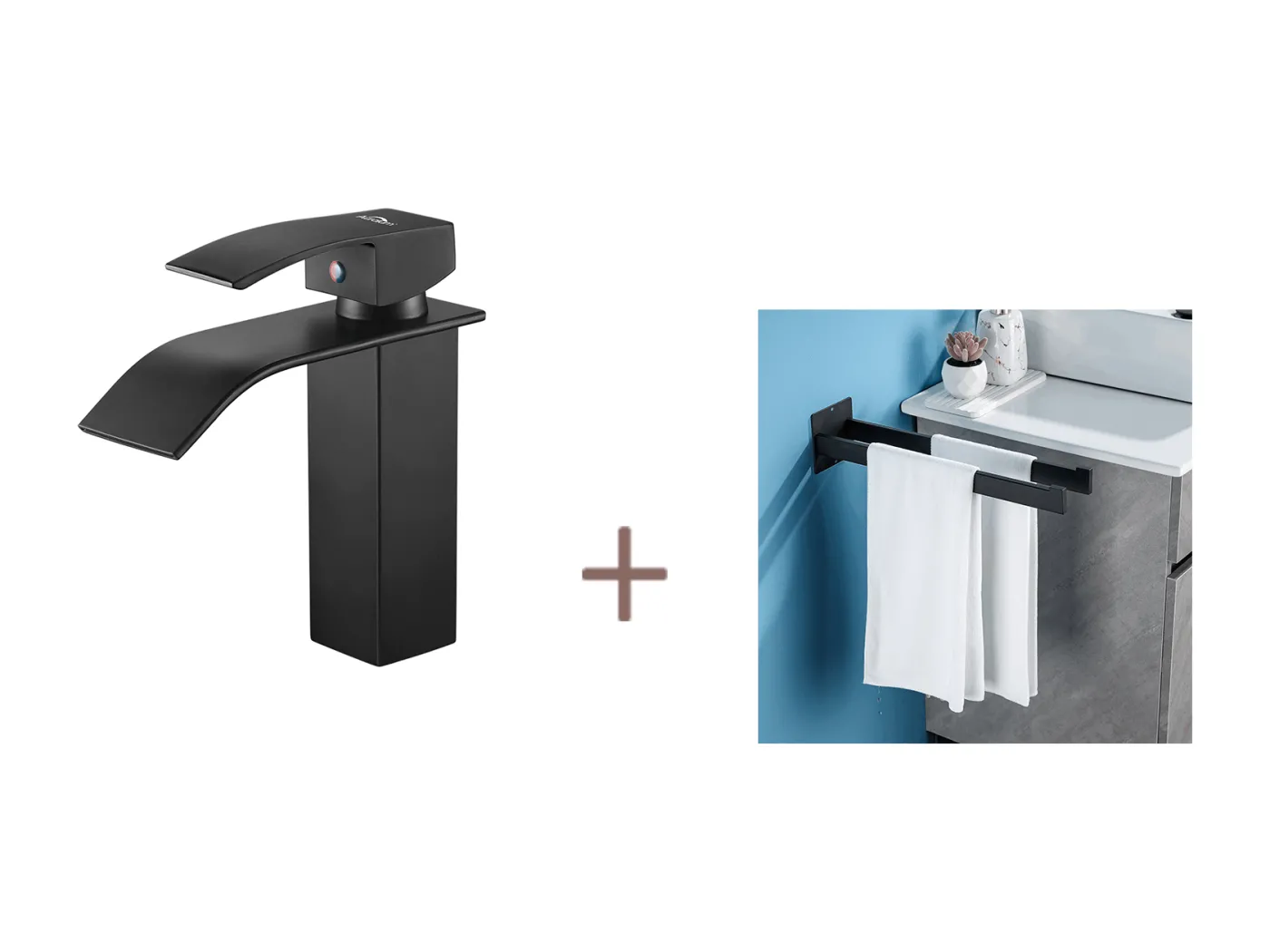 Auralum max Einhebel-Waschtischarmatur mit Wasserfall-Design für Spüle/Waschbecken + Handtuchhalter zum Kleben/Bohren, Edelstahl, Schwarz, 40 cm
