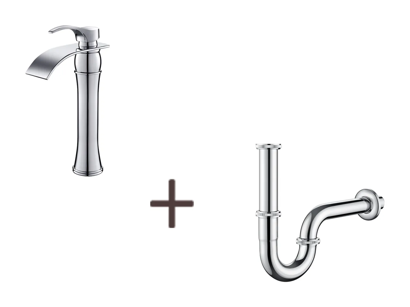 Wasserfall-Waschtischarmatur mit hohem Auslauf, Moocommand-Waschtischarmatur, Chrom+U-förmiger Waschbeckensiphon, Geruchsneutralisierendes Siphonrohr, Ø32 mm, Chrom