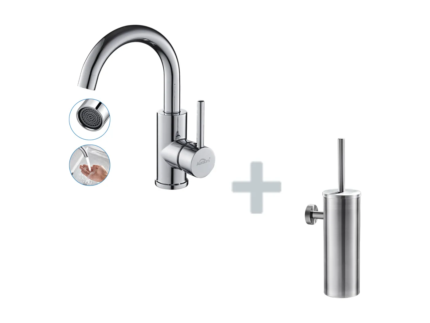 AuraLum Max Badezimmer-Waschtischarmatur, hoher Auslauf, glänzendes Chrom, 360° drehbar, + Toilettenbürstenhalter aus Edelstahl, Toilettenbürste zur Wandmontage, EU-Modell