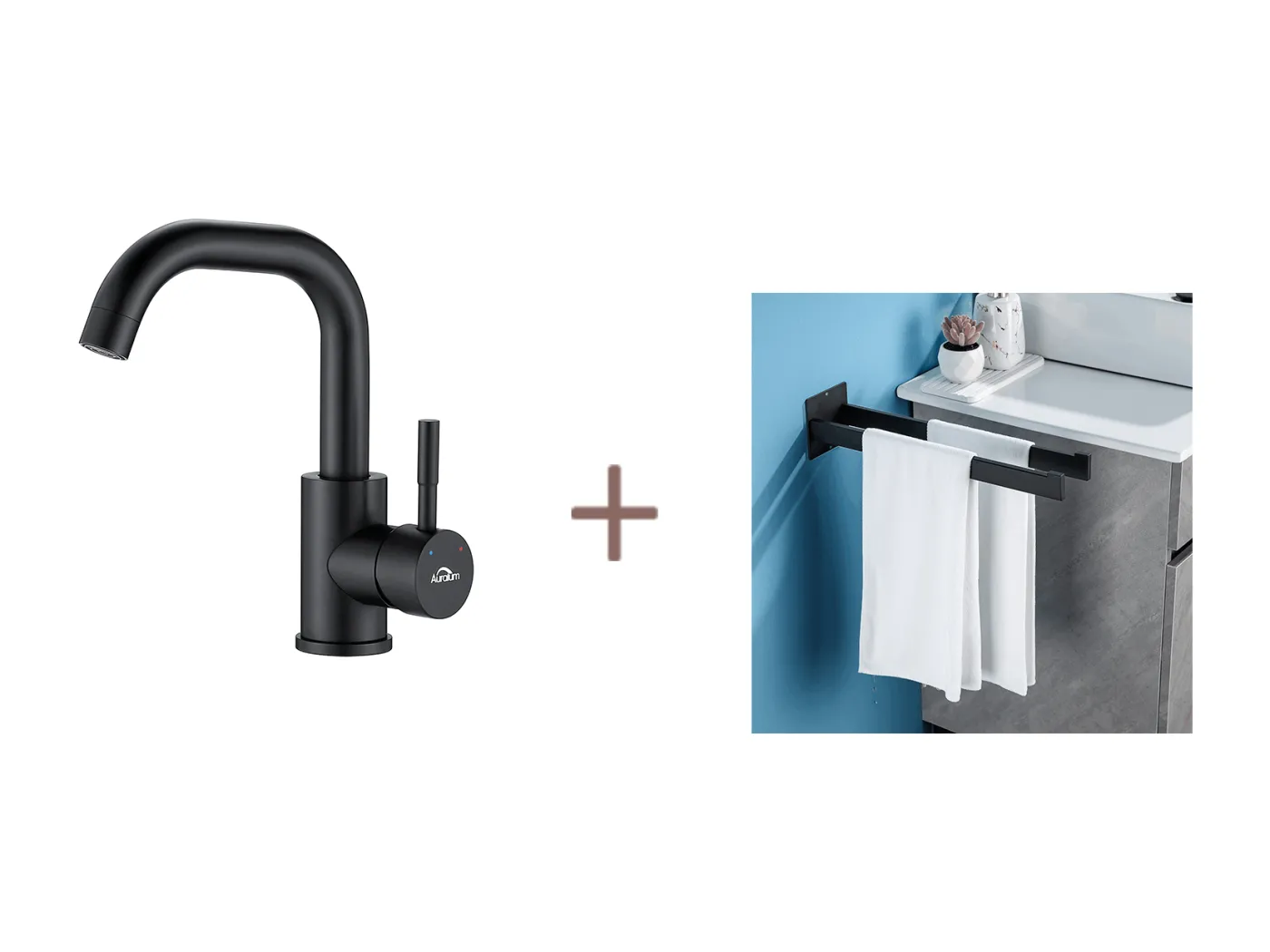 Auralum max Schwarz Waschtischarmatur mit abnehmbarem Sprudelventil + Handtuchhalter zum Kleben/Bohren, Handtuchstangen, Edelstahl, Schwarz, 40 cm