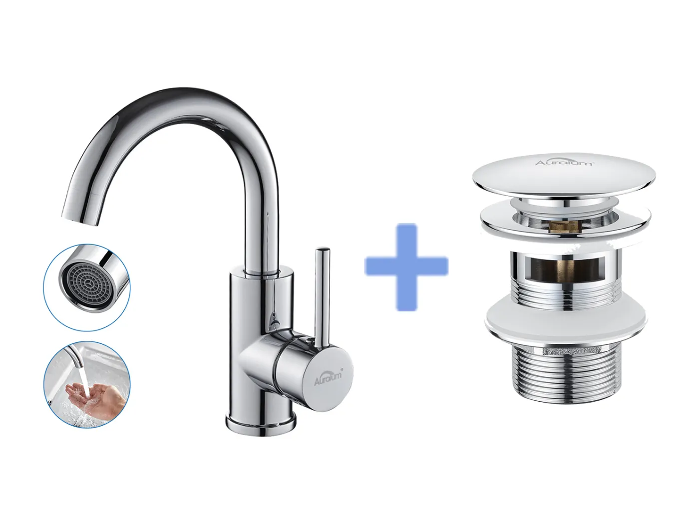 AURALUM MAX Bad-Waschtischarmatur, hoher Auslauf, Chrom glänzend, 360° drehbar + Waschbeckenablauf, Pop-Up-Ablauf mit automatischem Überlauf, universell